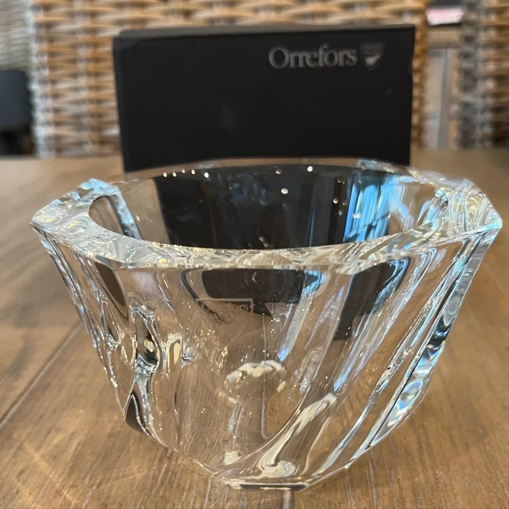 Vintage Orrefors Olle Iberius Design Crystal Swirl Octagon Bowl Signed NIB - Picture 11 of 12